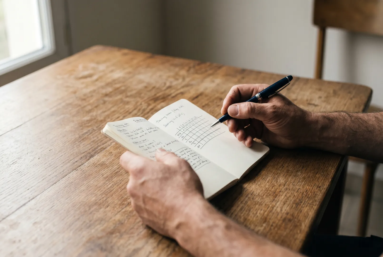 Mains d'un tireur annotant un carnet d'entraînement sur une table en bois