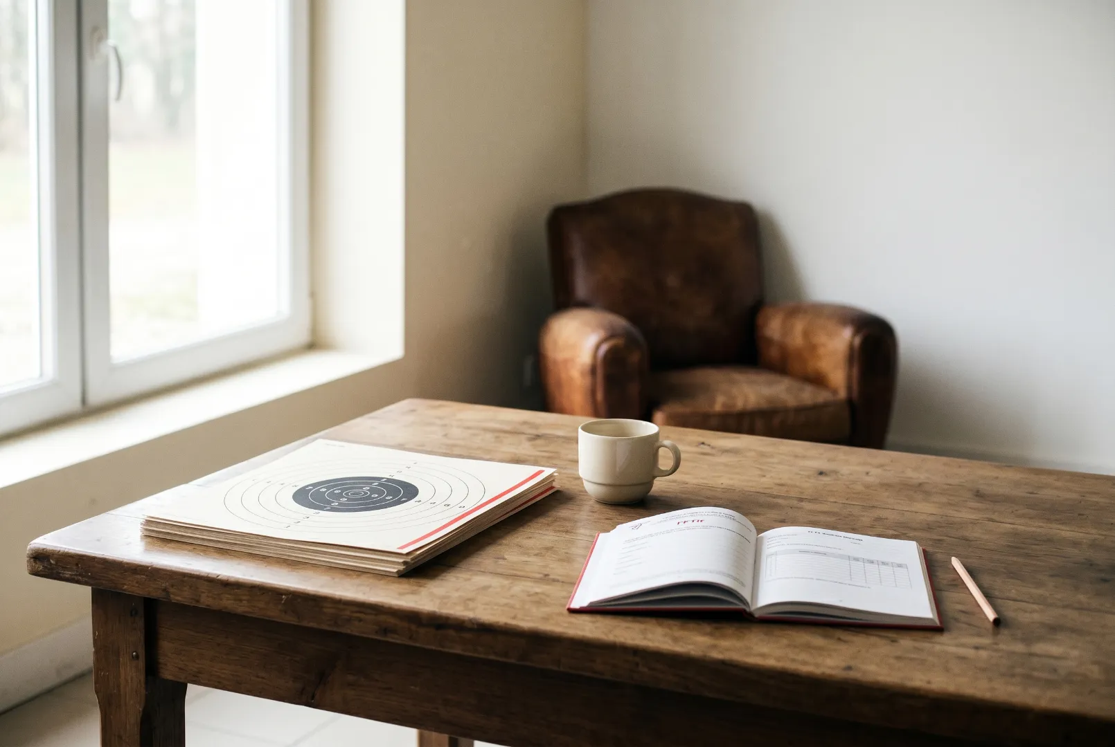 Table de club de tir avec cibles papier, tasse de café et carnet ouvert près d'un fauteuil club en cuir