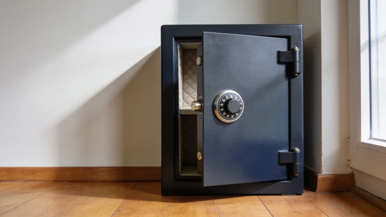 Petit coffre-fort en acier gris ancré au mur d'une pièce claire, porte entrouverte sur un intérieur capitonné vide