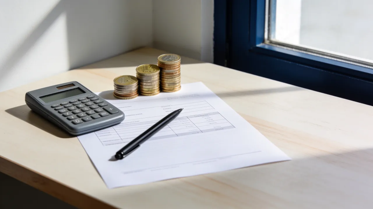 Pile de pièces en euros, calculatrice et formulaire vierge sur un bureau en bois clair, pour chiffrer le coût de la licence