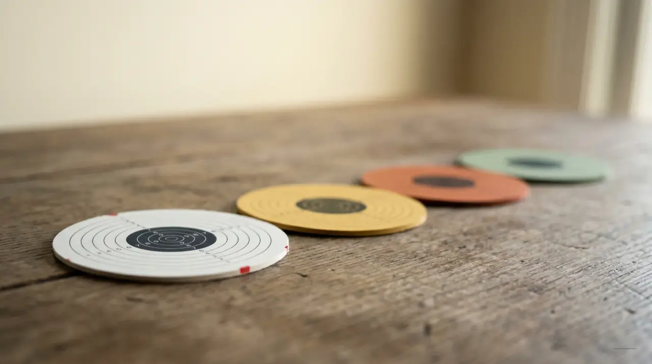 Cibles couleurs FFTir alignées sur une table : la progression que doit permettre un bon club
