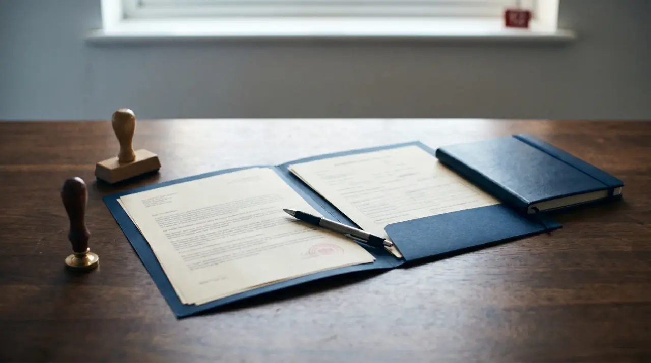 Classeur de dossiers administratifs ouvert sur un bureau, calendrier et stylo à côté, pour le renouvellement de la saison