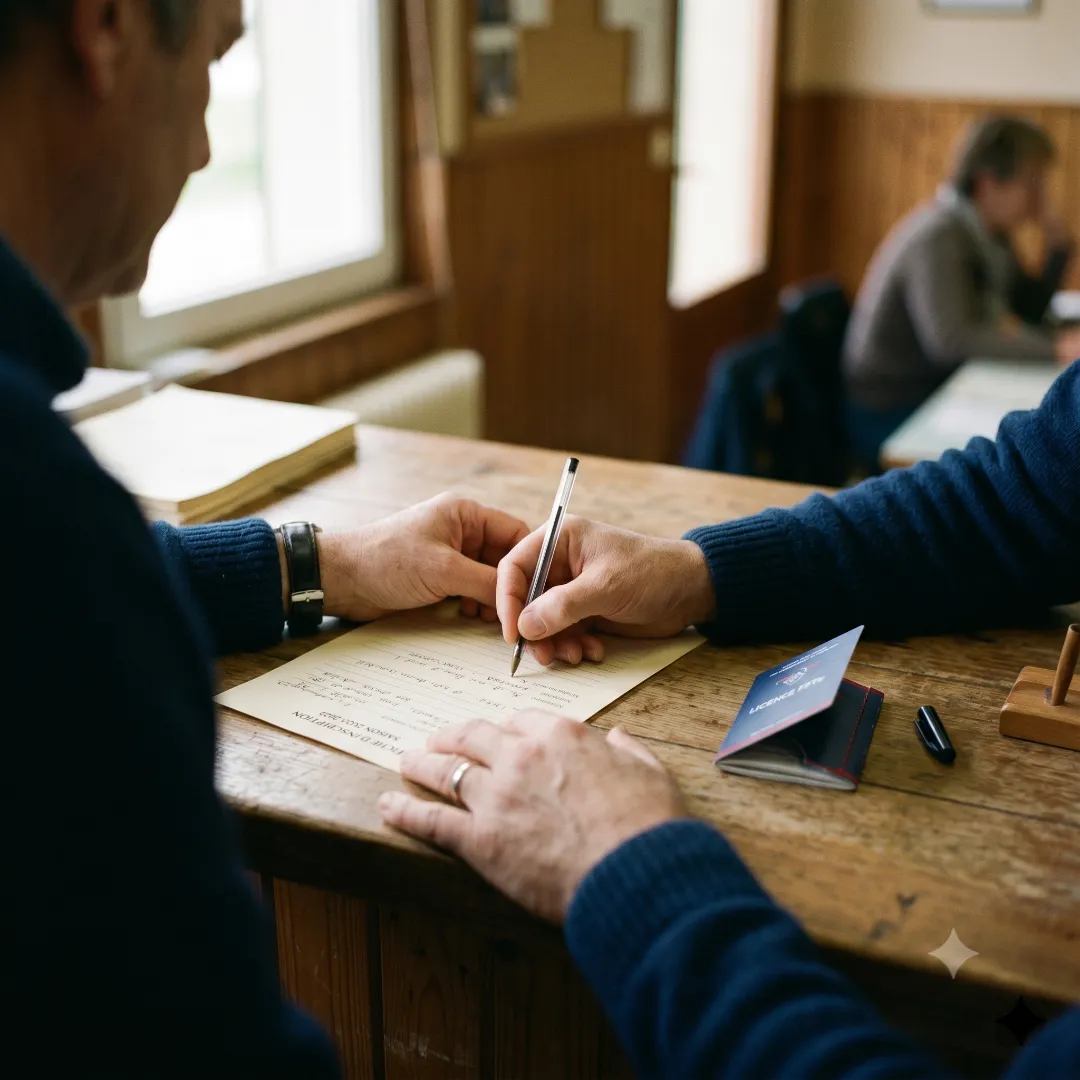 Mains signant un dossier d'inscription sur le comptoir en bois d'un club de tir français