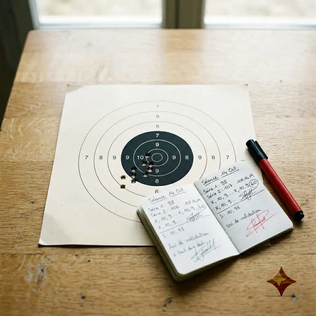 Cible papier avec impacts groupés près du centre, carnet de tir ouvert et stylo rouge sur une table en bois
